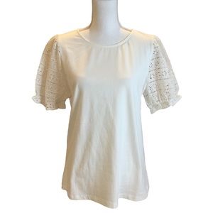 Doe & Rae White Tee Shirt Eyelet Embroidered Puff Sleeves Size Large